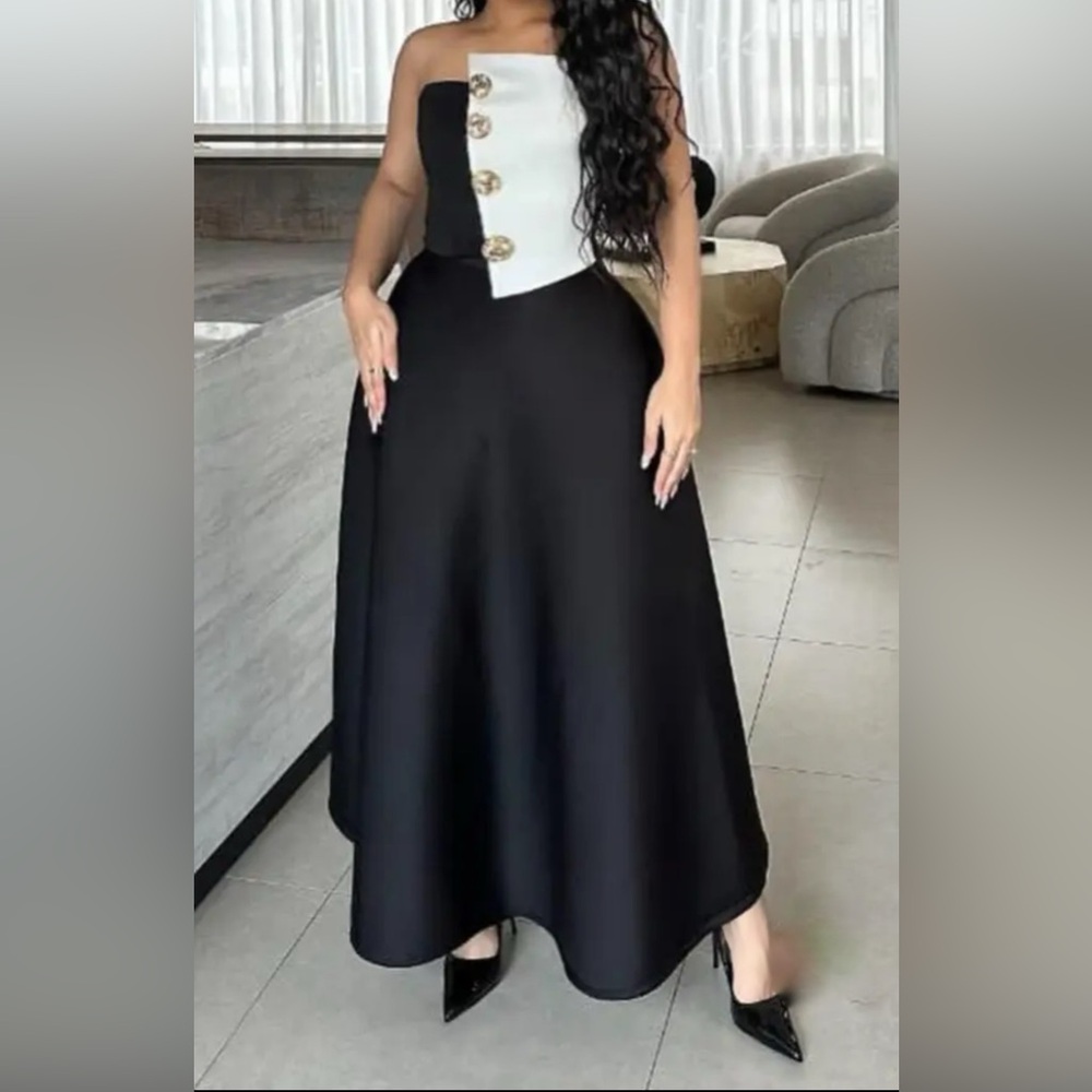 Elegant Black and White Women's Skirt with Gold Button Halter Top